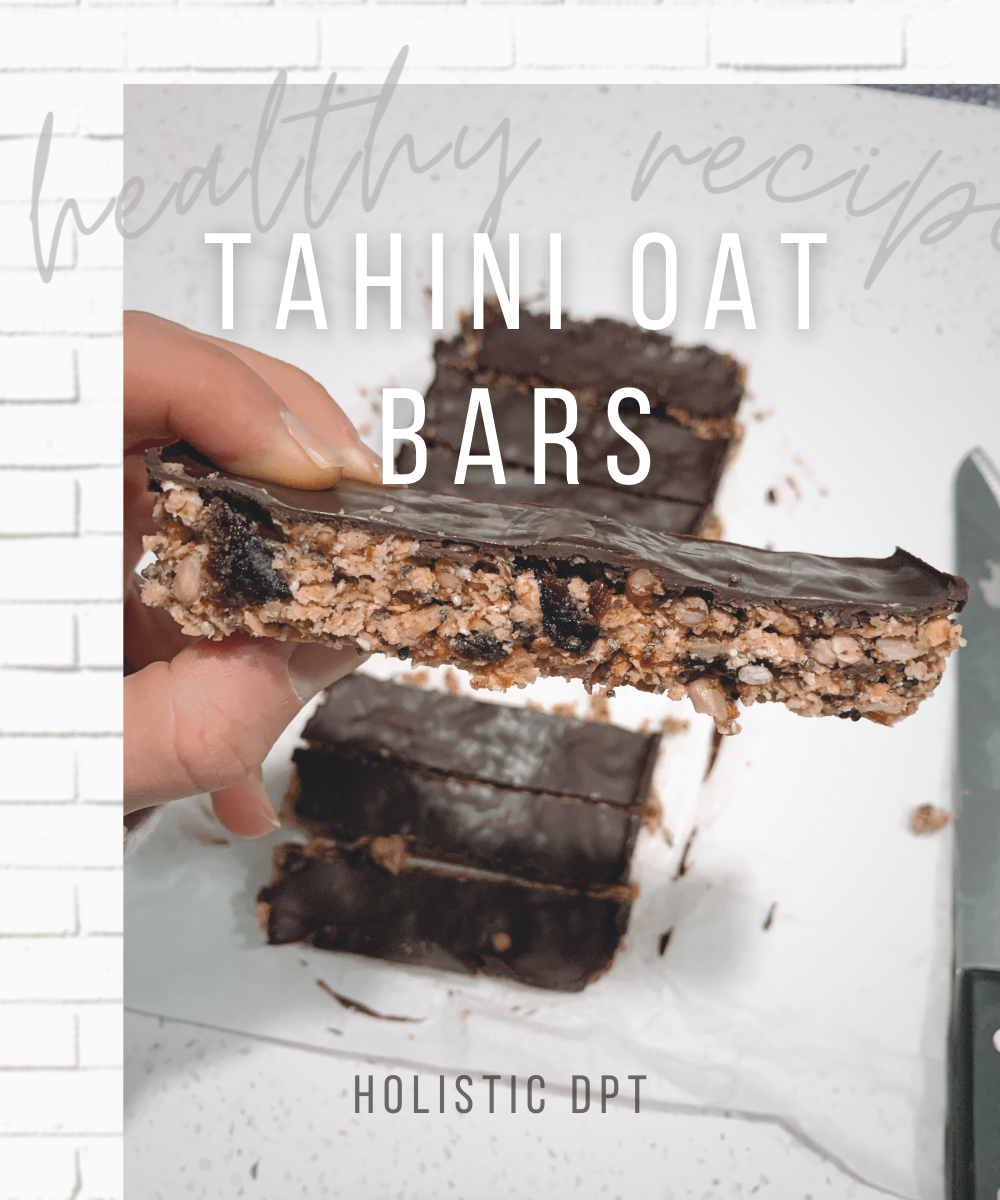 Health Recipe - Tahini Oat Bars text overlaying photo of oat bar with chocolate topping, more bars and knife in the background